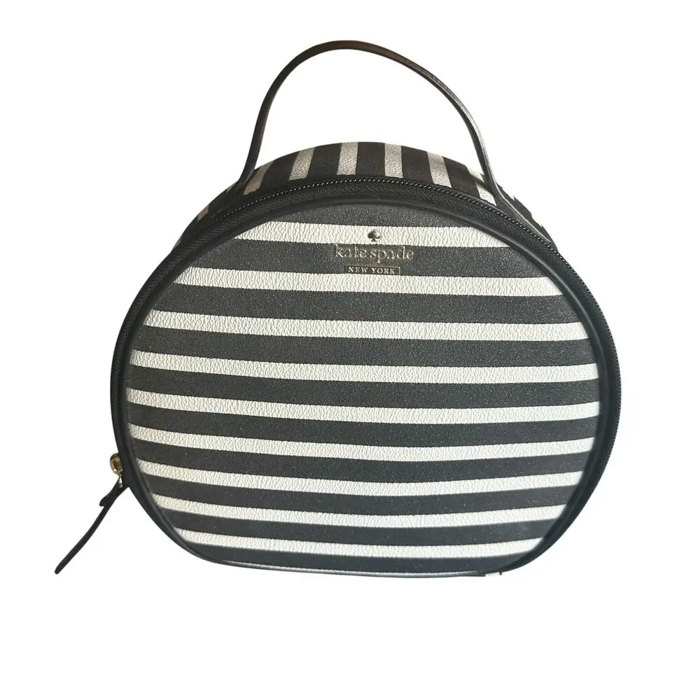 Kate Spade Miri Glitter Makeup Bag Black White Striped Round Cosmetic Case